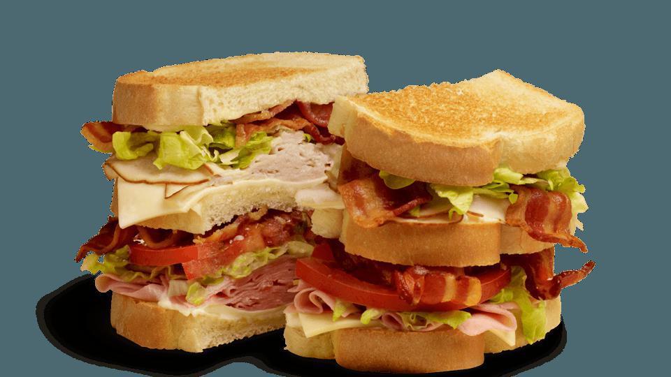 Club Sandwiches - Turkey & Ham · Contains: White Toast, American, Oven Roasted Turkey, Ham, Mayo, Lettuce, Tomato, Applewood Smoked Bacon