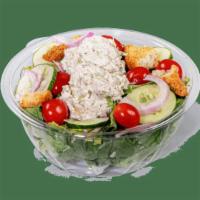 Chicken Salad · Contains: Romaine, Chicken Salad, Cheddar, Grape Tomatoes, Cucumbers, Ciabatta Croutons, Bal...
