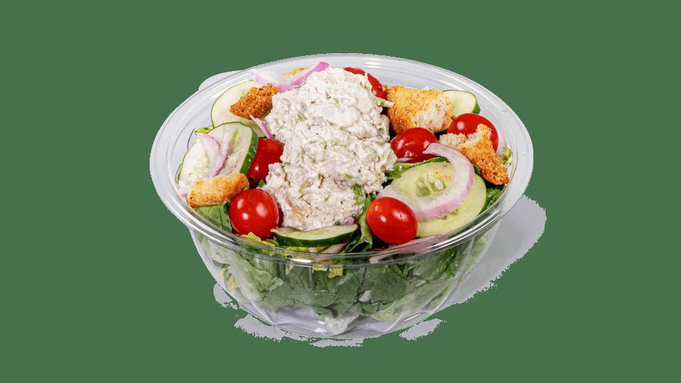 Chicken Salad · Contains: Romaine, Chicken Salad, Cheddar, Grape Tomatoes, Cucumbers, Ciabatta Croutons, Balsamic Vinaigrette On the Side