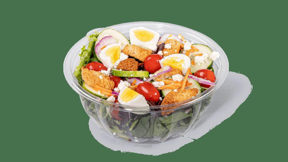 Garden · Contains: Romaine, Feta, Grape Tomatoes, Carrot Ribbons, Cucumbers, Red Onions, Hard Boiled Egg, Ciabatta Croutons, No Dressing