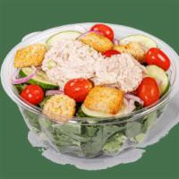 Tuna Salad · Contains: Romaine, Grape Tomatoes, Cucumbers, Cheddar, Tuna Salad, Ciabatta Croutons, Ranch ...