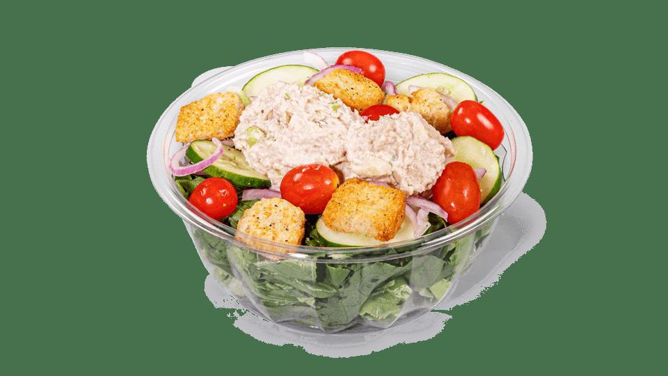 Tuna Salad · Contains: Romaine, Grape Tomatoes, Red Onions, Cucumbers, Cheddar, Tuna Salad, Ciabatta Croutons, Ranch On the Side