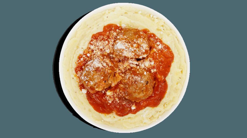 Signature Recipes - Meatball Bowl · Contains: Tomato Sauce *contains pork & beef*, Garlic Aioli, Grated Parmesan, Mashed Potato Bottom, Meatballs