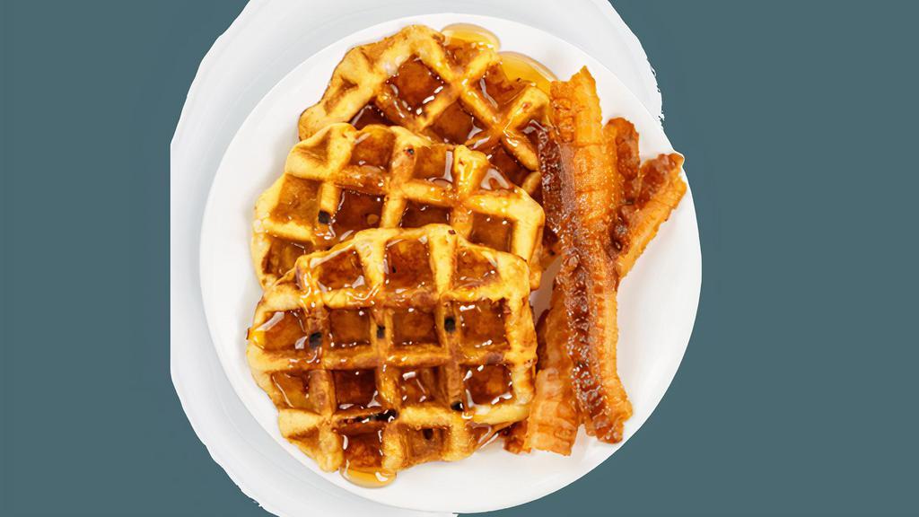 Signature Recipes - Bacon & Maple Waffles · Contains: Applewood Smoked Bacon, Syrup Cup