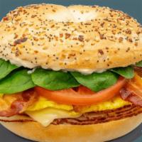 Bagel Sandwiches - Turkey Breakfast Club · Contains: Yellow Egg Omelet, Everything Bagel, American, Mayo, Spinach, Oven Roasted Turkey,...