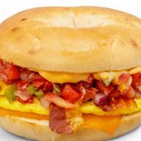 Bagel Sandwiches - Western · Contains: Plain Bagel, Cheddar, Tomato, Salsa, Applewood Smoked Bacon