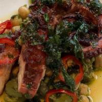 Octopus · with italian butter beans, fresno chilis & chorizo vinaigrette