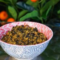Egusi & Collard Greens In Palm Oil (24 Oz) · A colorful traditional stew of egusi (melon seeds) and collard greens, dried powdered shrimp...