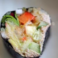 Raw Nori Rolls · A roll of walnut pate, julienned vegetable, avocado, apples, red pepper, and house made saue...