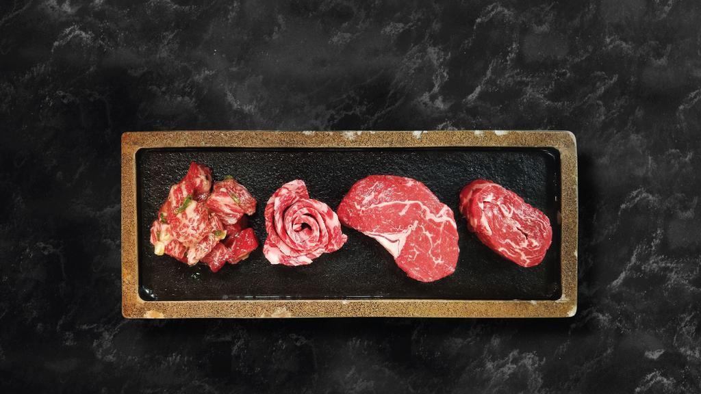 Modeum Gui · Assorted beef for two (prime rib eye, sliced prime short ribs and marinated Korean beef short rib).