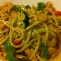 Mee Ga Thi · Spicy stir fried coconut noodles with chicken, shrimp, pepper, mushrooms, bean sprouts, and ...