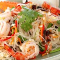 Yum Woon Sen · Glass noodle tossed in a spicy lime dressing, with onions, chili, cilantro, celery, minced c...