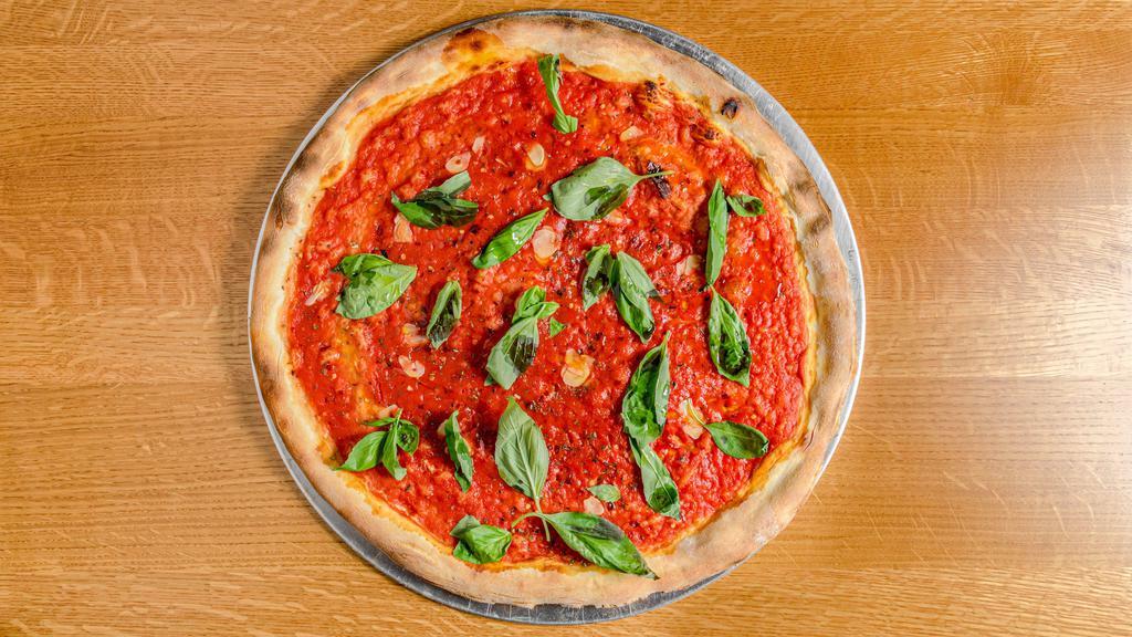Vegan Red Pizza · Red sauce, garlic, basil, olive oil, oregano chili flake.