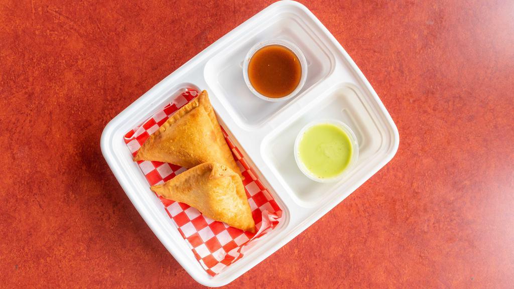 Samosas · Vegetarian. A samosa is a fried or baked pastry with a savory filling of cooked potato. Quantity (2).