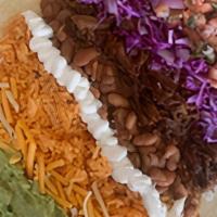 Burrito · 12-inch tortilla burrito with one choice of any protein+ rice +beans +any hot toppings + any...