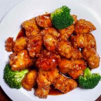 General'S Chicken · Boneless chicken tender chunks lightly breaded, glazed in a spicy and tangy mandarin sauce