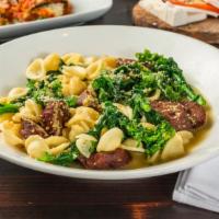 Orecchiette With Italian Sausage & Broccoli Rabe (V) · Vegan. Seitan sausage, broccoli rabe, fresh tomatoes with a garlic, white wine sauce, and ca...