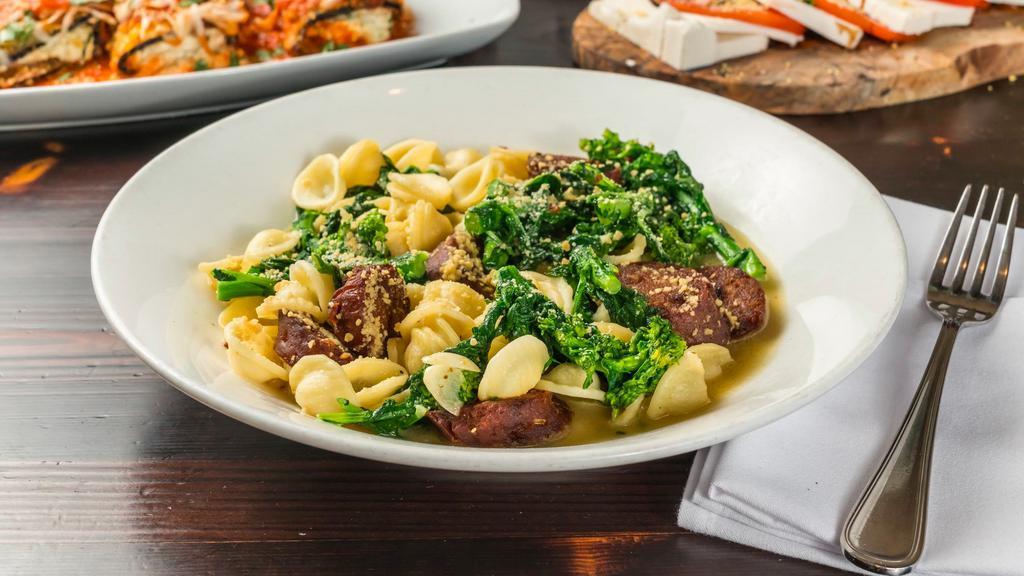 Orecchiette With Italian Sausage & Broccoli Rabe (V) · Vegan. Seitan sausage, broccoli rabe, fresh tomatoes with a garlic, white wine sauce, and cashew Parmesan.