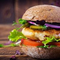 Sweet Potato Zinger Burger · Mouthwatering, vegan burger filled with sweet potato masala tikki, cilantro chutney and dil-...