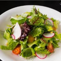 Fushimi Garden Salad · organic baby & romaine lettuce, tomato, carrot shavings, red radish pineapple ginger dressin...