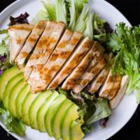 Chicken Avocado Salad · Organic spring mix, avocado, cucumber, char-grilled chicken breast with yuzu wasabi vinaigre...