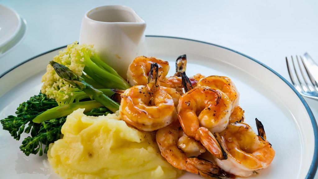 Wild Sea Shrimp Teriyaki Entree · Each entrée is served with whipped potato, roasted Broccolini & Asparagus