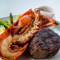 Surf & Turf Entree · Duo of char grilled eight ounces filet mignon and half lobster, truffle teriyaki sauce.