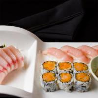 Four Ways Yellowtail · Six pieces sashimi, four pieces sushi and spicy yellowtail roll and yellowtail jalapeno.