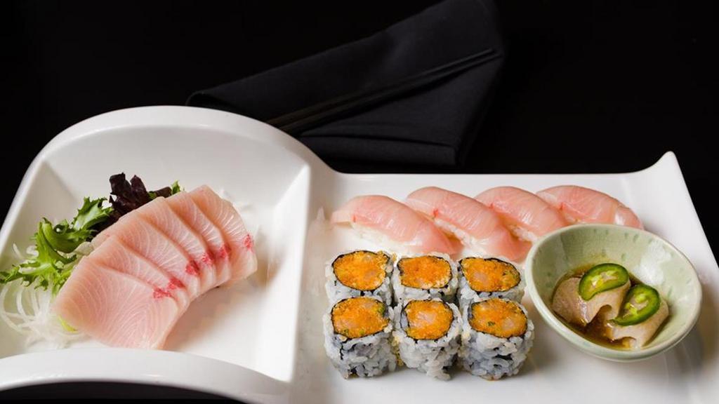 Four Ways Yellowtail · Six pieces sashimi, four pieces sushi and spicy yellowtail roll and yellowtail jalapeno.