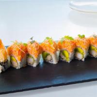 Angry Dragon Roll · Shrimp Tempura, avocado, topped with spicy kani. citrus sweet miso and eel sauce.