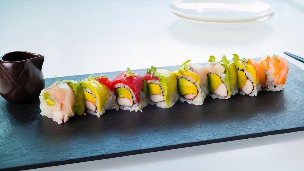 Rainbow Roll · California roll topped with tuna, salmon, white fish & avocado