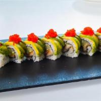 Dragon Roll · Eel and cucumber roll, topped with avocado, tobiko, eel sauce.