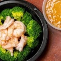 Rama Peanut Sauce Shrimp · Steamed broccoli and steamed shrimp with the side of homemade peanut sauce.