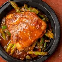 Prikking Asparagus With Salmon · Very spicy. Grilled salmon with Thai chili paste, garlic, bell pepper, fresh chili, kaffir l...