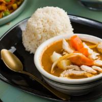 Massaman Curry · Medium spicy. White onion, carrot, potato, peanut curry paste.