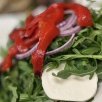 Arugula Salad · Arugula, EVOO, fresh mozzarella, roasted peppers, black olives, red onion.