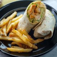 Buffalo Blue Wrap · Fresh wrap made with Crispy chicken tenders tossed in your choice of hot sauce, lettuce, tom...