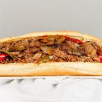 Belly Filler · Steak or chicken, cheese, mushrooms, onions, and peppers.