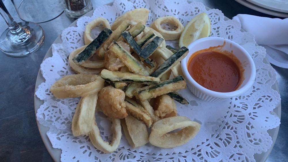 Frittura · Olive oil fried calamari, shrimp, and zucchini.