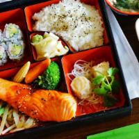 Salmon Teriyaki Lunch Bento Box · Served with white rice, shumai, California roll, miso soup, and house salad.