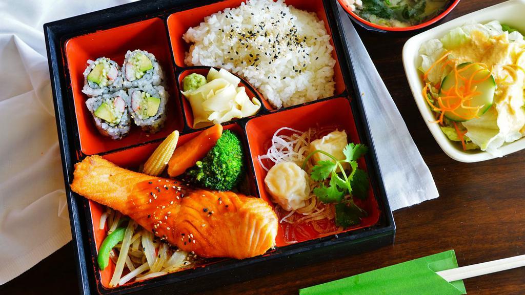 Salmon Teriyaki Bento Lunch · Served with white rice, spring roll, California roll, miso soup and house salad.