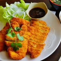 Chicken Katsu Fry · Breaded fried cutlets tonkatsu sauce rice miso soup or salad.