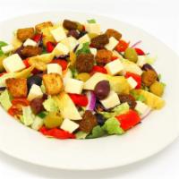 Manhattan Salad · Our house salad with imported provolone, artichoke hearts, roasted red peppers and trio of o...