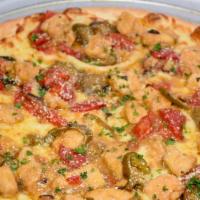 Chicken Scarpariello Pizza · Sautéed chicken in white wine sauce, hot cherry peppers, roasted red peppers, fresh garlic a...