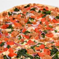 Milano Pizza · Sausage, roasted red peppers, sautéed spinach and Bermuda onion.