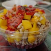 Açaí Coconut Bowl · Ingredients: açaí, coconut flakes, coconut cookie, strawberries, banana, mango, granola, chi...