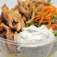 Gyro Chicken Bowl  · Slowed cooked thin sliced chicken, basmati rice with turmeric, mix green salad, crispy onion...