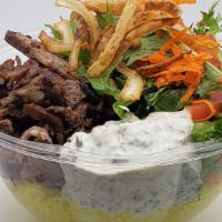 Gyro Lamb Bowl  · Slowed cooked thin sliced beef and lamb meat, basmati rice with turmeric, mix green salad, c...