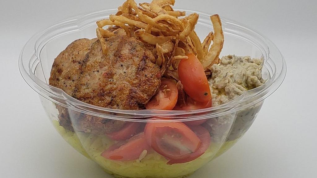 Chicken Meatball Bowl  · Minced chicken breast, basmati rice with turmeric, babagannoush, cherry tomato, crispy onion