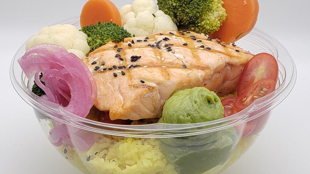 Grilled Salmon Bowl  · Salmon, basmati rice with turmeric, avocado puree, sesame seeds, black seeds, steamed vegetable, pickled red onion, and cherry tomato
